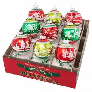 Shiny Brite Holiday Splendor Ball Red Green Flocked Ornament Set 9 2.5"